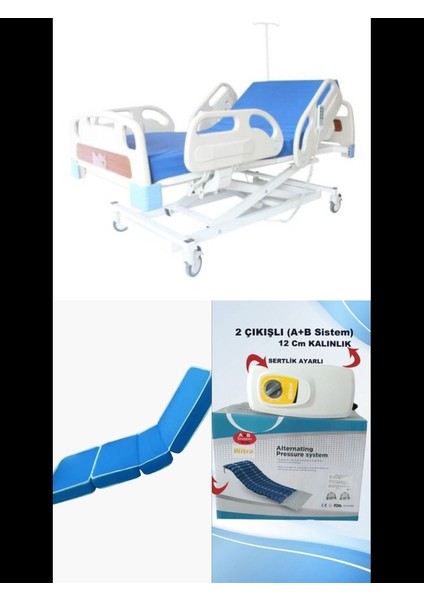 3 Motorlu Full Abs Hasta Karyolası+4parçalı Yatak +A+B 12 cm Sistemli Boru Tipi Havalı Yatak Takım