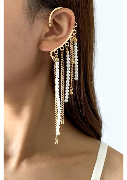 Inci ve Zincir Detaylı Kulak Deliği Gerektirmeyen Ear Cuff - Sallantılı Kıkırdak Küpesi
