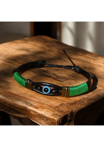 Nazar Boncuklu Ip Sargılı Ayarlanabilir Deri Bileklik