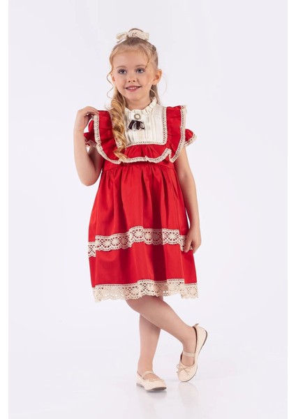 Vintage Güpürlü Kız Çocuk Broşlu Kısa kol elbise - Kırmızı