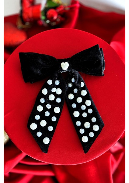 Inci Süslemeli Siyah Kadife Fiyonk Toka