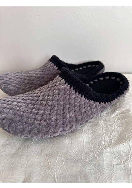 El Örgüsü Kadife Ip Gri Siyah Şeritli Ev Terliği