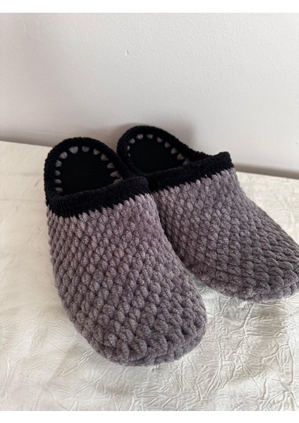 El Örgüsü Kadife Ip Gri Siyah Şeritli Ev Terliği fiyatları