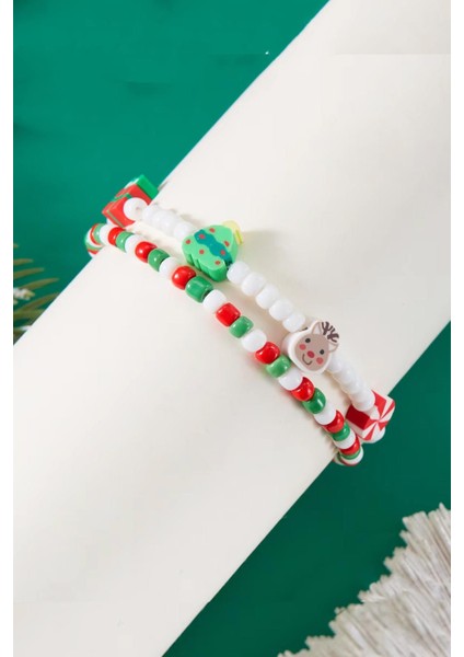 Yılbaşı Figürleri Polimer Fimo ve Kum Boncuk Çocuk Bileklik Seti