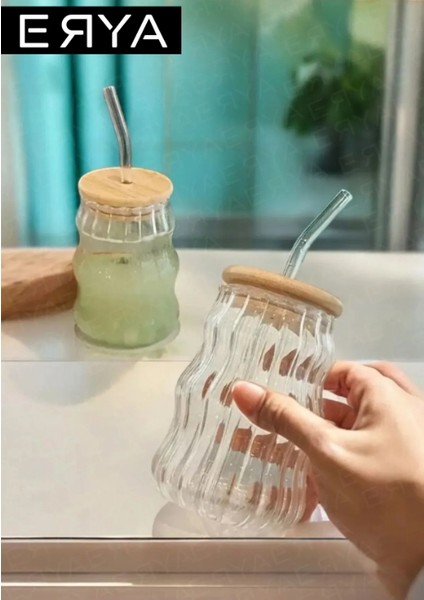 Erya Store Bambu Kapaklı Cam Pipetli Cam Bardak 350 ml Kokteyl Kahve Çay Limonata Soğuk Kahve Bardağı