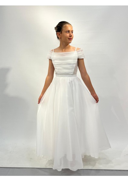 Kız Çocuk Abiye Krem Askılı Uzun Şifon Kolları Çıkabilen Drape Yaka Abiye Elbise 10-15 Yaş