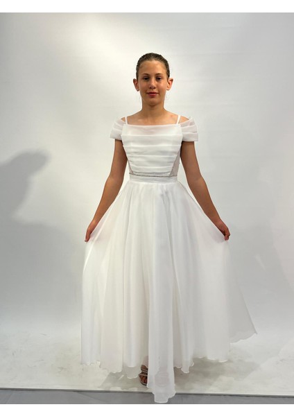 Kız Çocuk Abiye Krem Askılı Uzun Şifon Kolları Çıkabilen Drape Yaka Abiye Elbise 10-15 Yaş