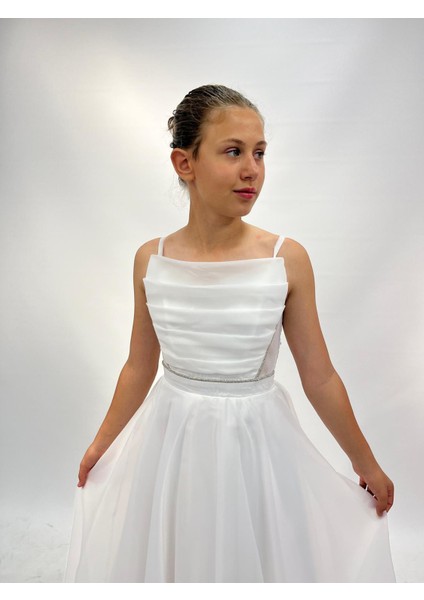 Kız Çocuk Abiye Krem Askılı Uzun Şifon Kolları Çıkabilen Drape Yaka Abiye Elbise 10-15 Yaş