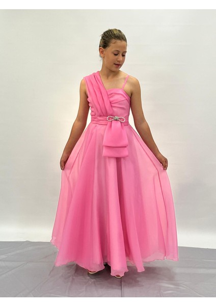 Kız Çocuk Abiye Pembe Şifon Taş Kordon Detaylı Abiye Elbise 10-15 Yaş