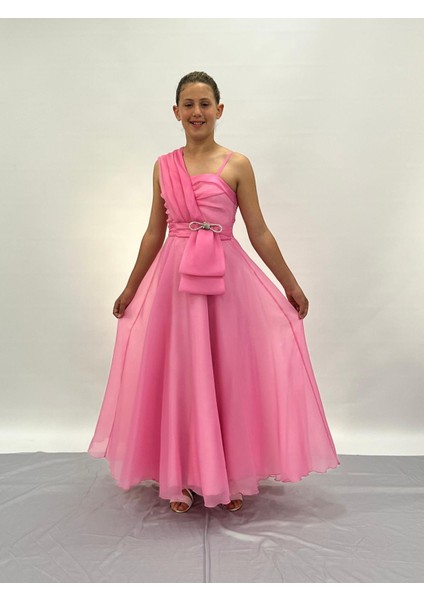 Kız Çocuk Abiye Pembe Şifon Taş Kordon Detaylı Abiye Elbise 10-15 Yaş fiyatları