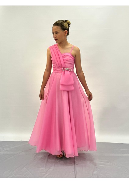 Kız Çocuk Abiye Pembe Şifon Taş Kordon Detaylı Abiye Elbise 10-15 Yaş modelleri