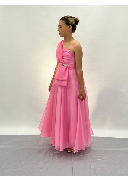 Kız Çocuk Abiye Pembe Şifon Taş Kordon Detaylı Abiye Elbise 10-15 Yaş fırsatları