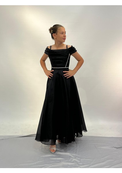 Kız Çocuk Abiye Siyah Askılı Uzun Şifon Kolları Çıkabilen Drape Yaka Abiye Elbise 10-15 Yaş