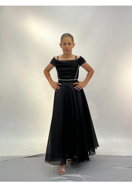 Kız Çocuk Abiye Siyah Askılı Uzun Şifon Kolları Çıkabilen Drape Yaka Abiye Elbise 10-15 Yaş fiyatları