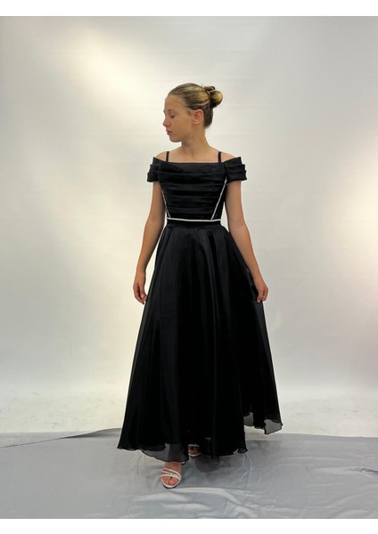 Kız Çocuk Abiye Siyah Askılı Uzun Şifon Kolları Çıkabilen Drape Yaka Abiye Elbise 10-15 Yaş modelleri