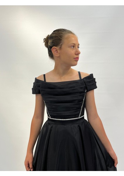 Kız Çocuk Abiye Siyah Askılı Uzun Şifon Kolları Çıkabilen Drape Yaka Abiye Elbise 10-15 Yaş fırsatları