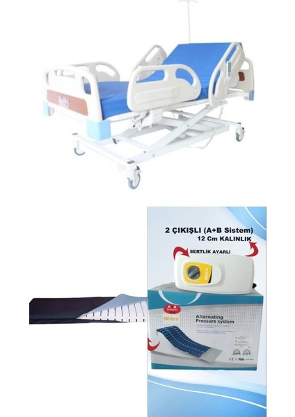 3 Motorlu Full Abs Hasta Karyolası + Lazer Kesim Yatak + 2 Çıkışlı A+B Sistemli 12 cm Boru Tipi Havalı Yatak Takım