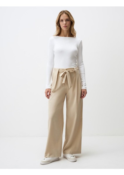 Bej Yüksek Bel Rahat Kesim Bol Paça Dokuma Pantolon