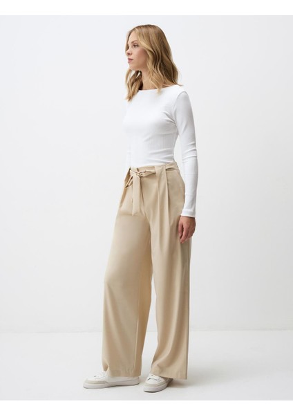 Bej Yüksek Bel Rahat Kesim Bol Paça Dokuma Pantolon fiyatları