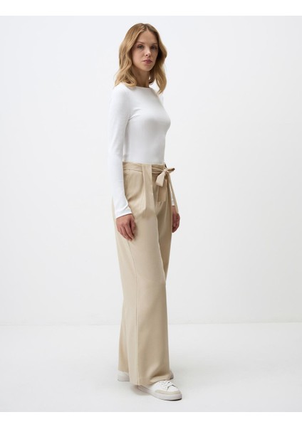Bej Yüksek Bel Rahat Kesim Bol Paça Dokuma Pantolon modelleri
