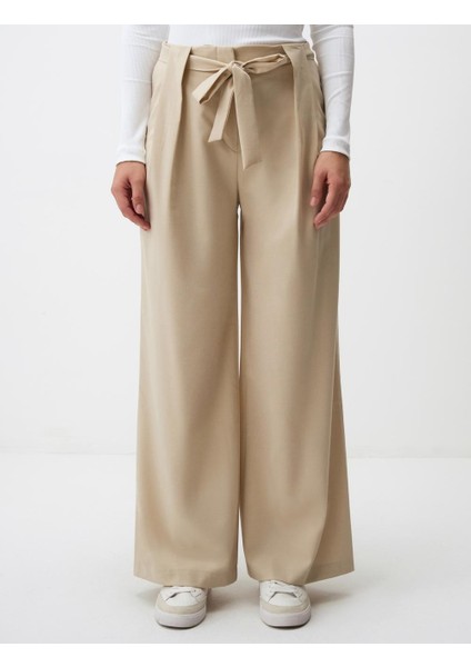 Bej Yüksek Bel Rahat Kesim Bol Paça Dokuma Pantolon fırsatları