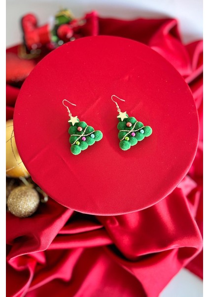 Yılbaşı Serisi Ponpondan Yılbaşı Ağacı Küpe