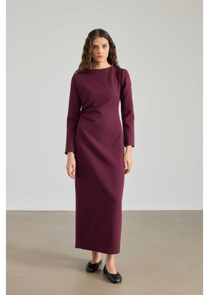 Büzgü Detaylı Premium Elbise Burgonya