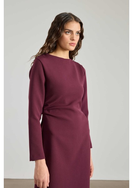 Büzgü Detaylı Premium Elbise Burgonya modelleri