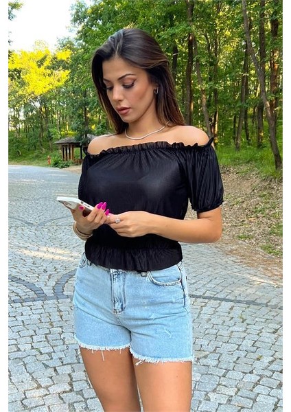 Dipmoda kadın siyah yeni sezon carmen yaka bluz DP10048
