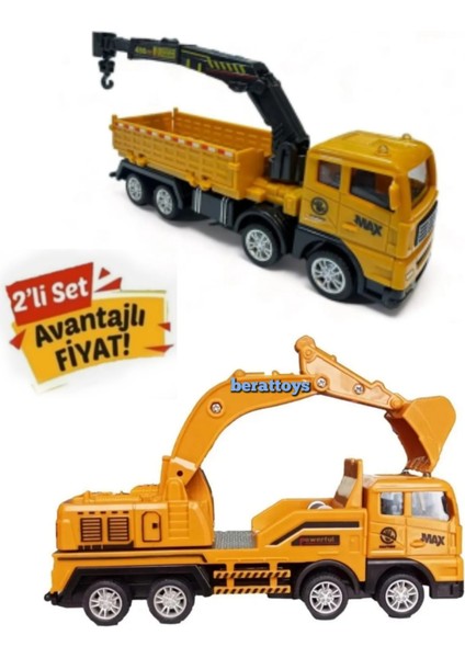 Berattoys 2'li Iş Makinaları 17 cm Oyuncak Kamyon Iş Araçları Ekskavatör Taşıyıcı Tır