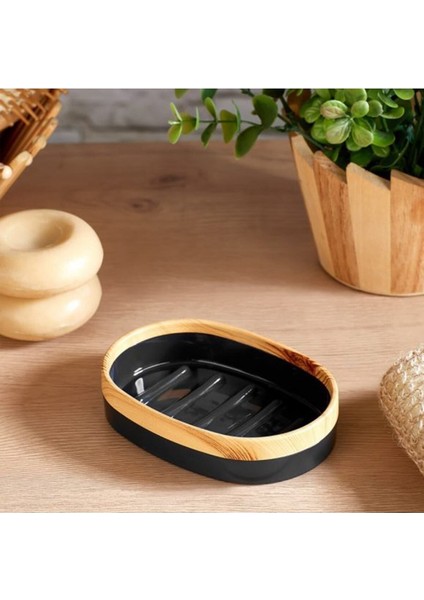 Tekno Trust Limpia Bambu Desenli 5'li Banyo Seti Çöp Kovası Sıvı Sabunluk Diş Fırçalık Kutusu Banyo Seti Siyah