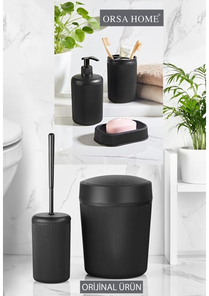 Tekno Trust Plastik 207 Çizgi Desen Siyah 5'li Banyo Seti Siyah 5 Parça
