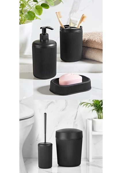 Tekno Trust Plastik 207 Çizgi Desen Siyah 5'li Banyo Seti Siyah 5 Parça