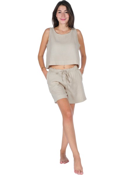 Loungewear Tek Şort (Lastikli ve Cepli) – %100 Pamuk Bürümcük Müslin Rahat Giyim