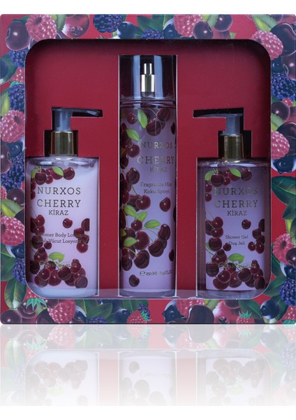 9887 Cherry Kiraz Hediyelik Kutulu 3'lü Set Vücut Spreyi & Losyon & Duş Jeli