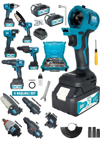 Uç Setli Tak Çıkar 5 Kafalı Süper Set Darbeli Matkap Testere Taşlama Somun Sökme Hilti Darbeli 2 Yı