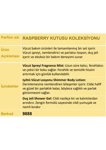 9888 Raspberry Ahududu Hediyelik Kutulu 3'lü Set Vücut Spreyi & Losyon & Duş Jeli indirimleri