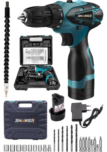 1 Alman Titan 32 V Sjs Çift Metal Şanzuman Çift Akülü Şarjlı Vidalama Matkap + 24 Parça Set Mavi Ar