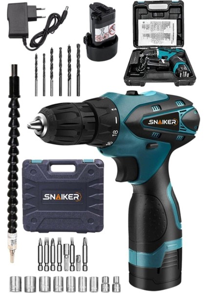 2 Alman A-S Titan 32 V Çift Metal Şanzuman Çift Akülü Şarjlı Vidalama Matkap + 24 Parça Set Mavi 32