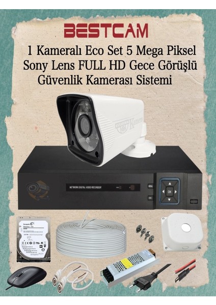 1 Kameralı Eco Set 5 Mega Piksel Sony Lensli Full Hd Gece Görüşlü Güvenlik Kamerası Sistemi 250 GB HDD