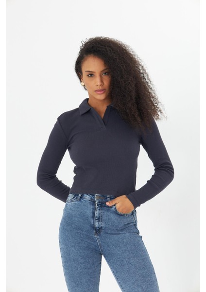 Füme Polo Yaka Fitilli Uzun Kollu Kaşkorse Kadın Bluz- 2460