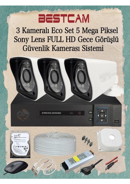 3 Kameralı Eco Set 5 Mega Piksel Sony Lensli Full Hd Gece Görüşlü Güvenlik Kamerası Sistemi 250 GB HDD