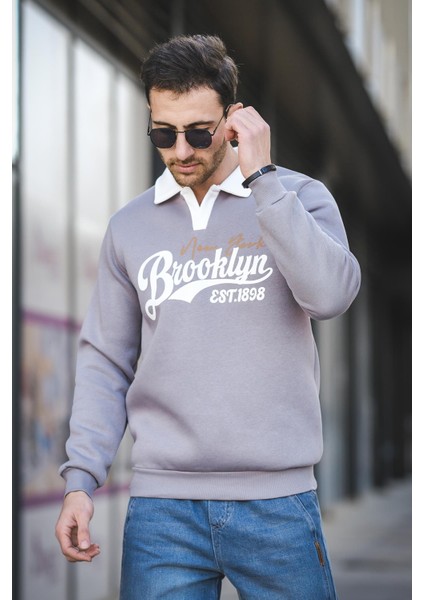 Est 1898 Baskılı Üç Iplik Şardonlu Slim Fit Polo Yaka Erkek Sweatshirt
