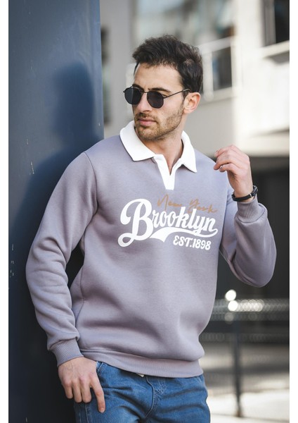 Est 1898 Baskılı Üç Iplik Şardonlu Slim Fit Polo Yaka Erkek Sweatshirt modelleri