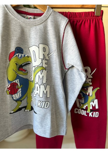 Gri Dinozor Baskılı Pijama Takımı