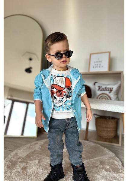 Kurukafa Desenli Yağmurluklu Erkek Çocuk 3 lü takım - Mavi