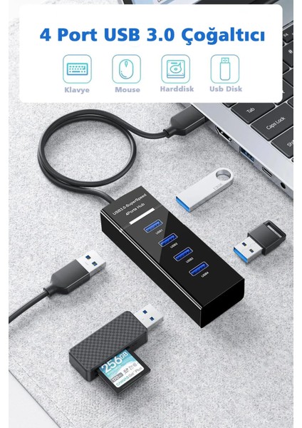 USB Çoğaltıcı, USB Çoklayıcı 4 Port USB 3.0 Süper Hızlı 30 cm Kablo Uzunluğu