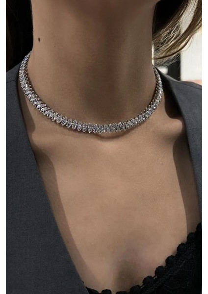 Marq Kesim Zirkon Taşlı Dönmeyen Kalıplı Suyolu Choker Kolye
