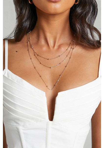 3 Sıralı Altın Kaplama Vıp Kadın Top Zincir Kolye