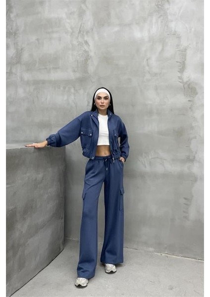 Kadın Kargo Cepli Takım Likralı Kumaş Eşofman Takımı DPNBASP7272